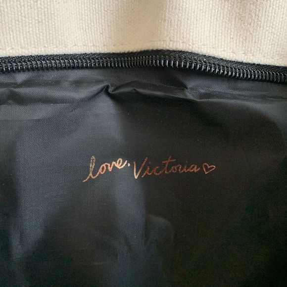 Victorias Secret Tote Beach Bag Large New Zip Canvas Cream Beige Gold Glitter - Picture 6 of 7